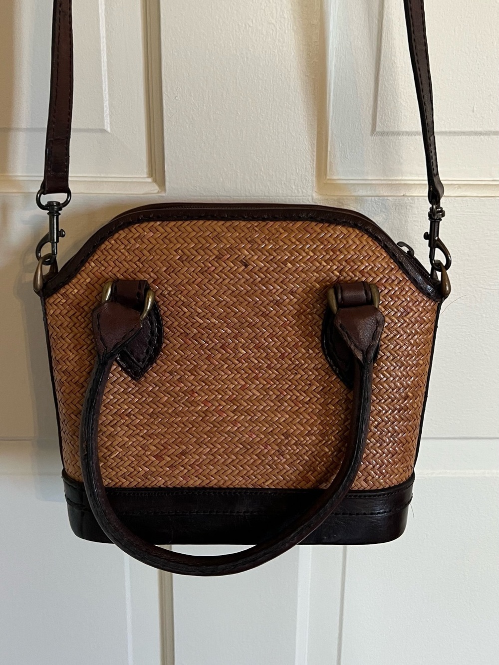Woven Straw Crossbody Tote with Dark Brown Trim